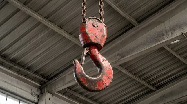 Close up of a heavy duty Rusty red crane hook hanging from chains
