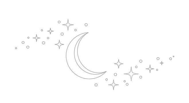 Crescent moon and sparkling stars, celestial night sky outline, simple graphic design