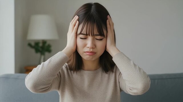 自宅で頭を抱える女性。偏頭痛やストレス、悩み事に苦しむ表情。