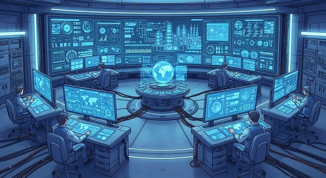 Futuristic control room with multiple monitors.