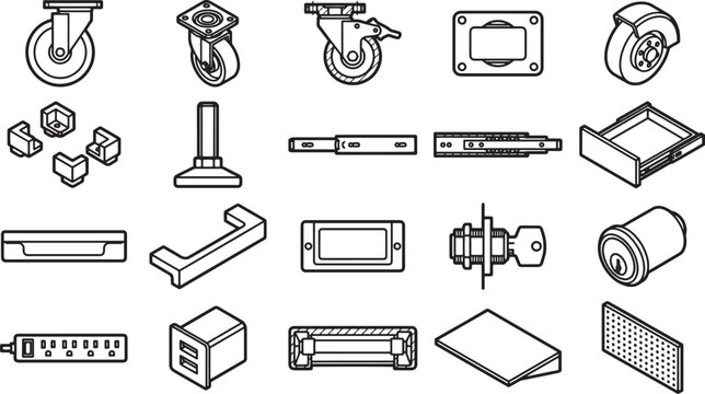 A detailed line art drawing showcases a variety of hardware components, revealing a clear illustration of individual elements.