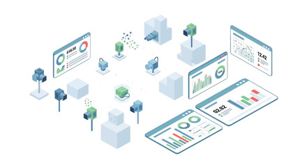 Fototapeta premium Industrial IoT and Smart Manufacturing Dashboard with Camera Monitoring and Data Analytics Isometric Illustration