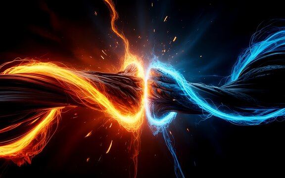 Two powerful energy streams, one fiery orange and one icy blue, intertwining and clashing with intense sparks and light.