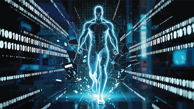 Muscular male figure silhouette walking through a futuristic digital landscape of binary code and glowing lights.