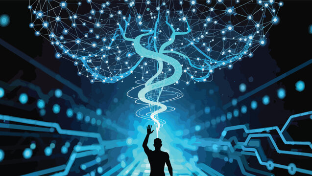 Silhouette of a person raising hand with a glowing digital brain network above artificial intelligence.