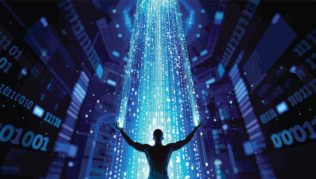 Silhouette of a person with arms raised receiving a beam of blue light and digital data from above vector.