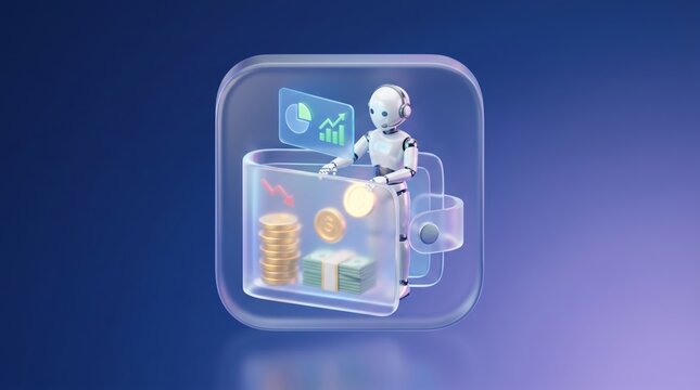 AI Robot Financial Advisor Sitting on Glass Wallet with Coins and Chart 3d render