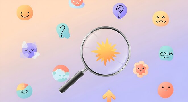 Customer giving rating for experience with magnifying glass on emotions and feedback