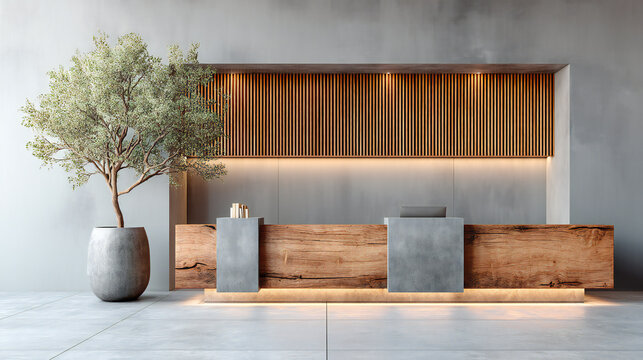Warm wooden reception desk with ambient lighting, potted tree and minimalist concrete wall. Modern hospitality interior perfect for hotel lobby, spa welcome area, office front desk and luxury business