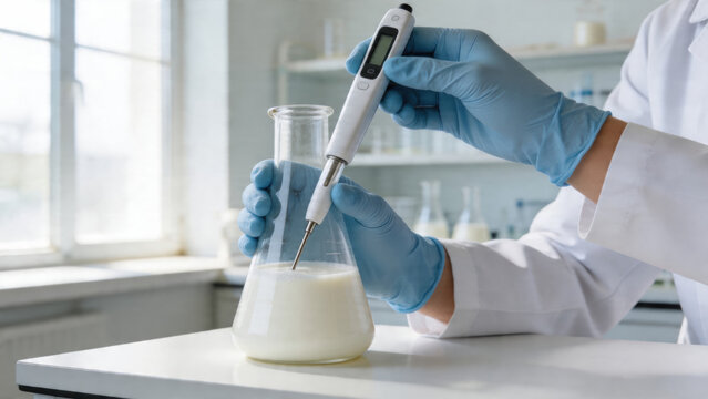 Laboratory food testing in flask with gloved hand and digital probe