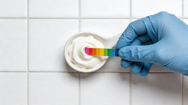 Food testing laboratory, yogurt quality control, gloved hand, pH strip, white tile background