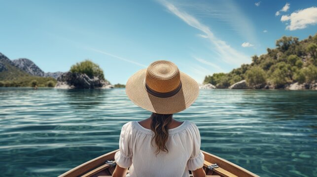 Lagoon serenity! tranquil moment of a young woman in a straw hat relaxing on a boat, gazing forward into the lagoon-a peaceful image representing summer vacation and waterside tranquility