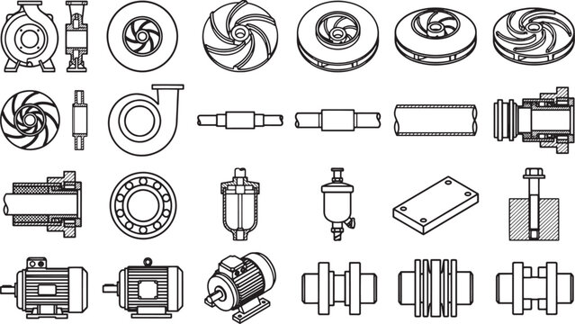 Engineering schematic parts, industrial equipment vector, an array of mechanical components for engineering and design purposes.