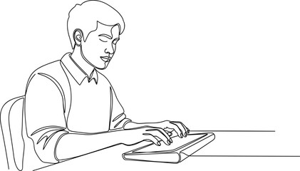 Young Man Typing on Laptop Keyboard, One Line Drawing, Minimalist Style, Working or Studying © masferdi