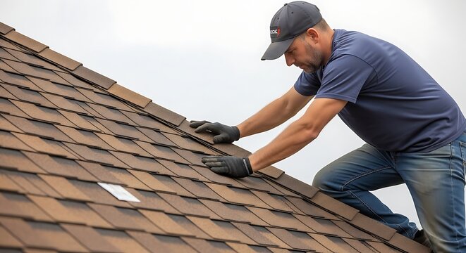 Man repairing brown roof.