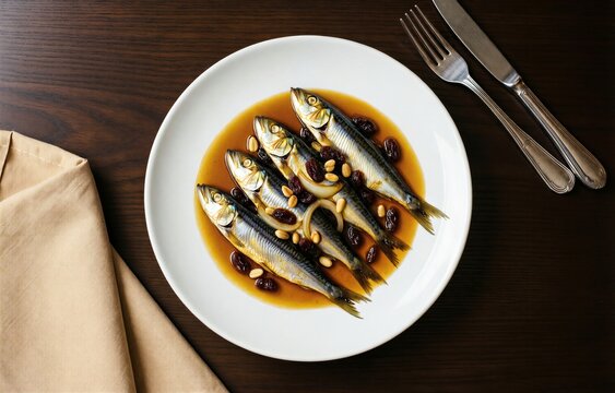 Sarde in Saor served on white plate, featuring five small sardines topped with golden-brown olive oil. Concept of culinary tradition using sardines with onions raisins pine nuts.