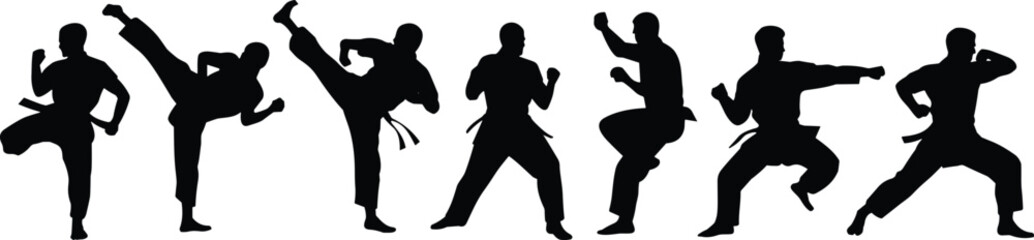 Martial arts silhouettes collection karate fighters performing kicks punches and combat stances dynamic action poses isolated on white background © MD