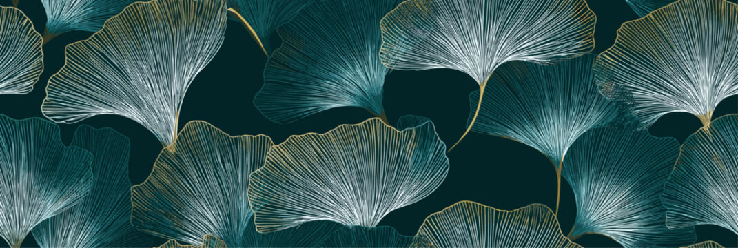 Abstract pattern featuring teal and white fan shapes with golden highlights on a dark teal background. Fan-shaped lines seamless pattern with golden accents