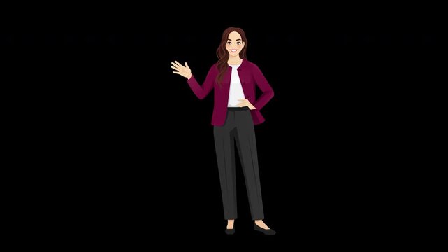 Loopable 2D cartoon animation of  full body businesswoman making welcoming gesture. Includes alpha channel on transparent background	