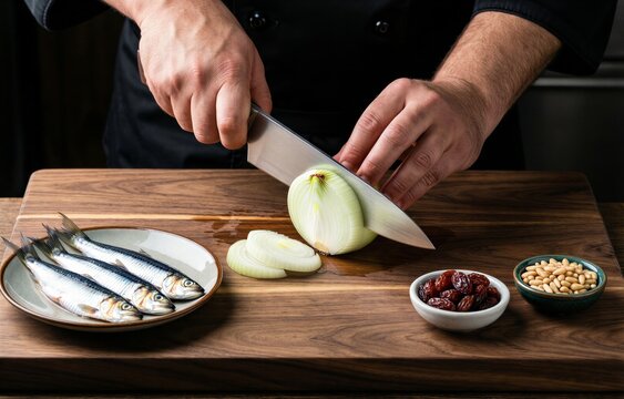 Sarde in Saor with sliced onions, showcasing chef's hand holding knife. Concept of culinary art featuring sardines with onions raisins pine nuts, emphasizing freshness and skills.