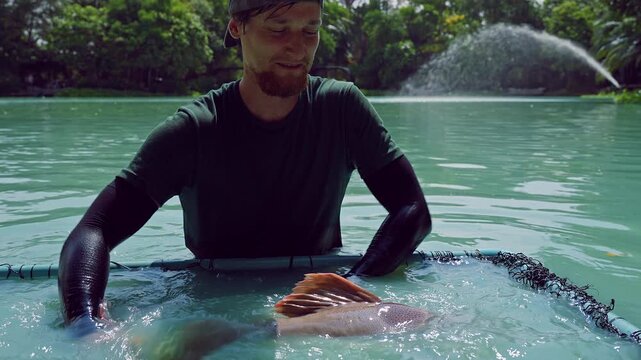 Fisherman In Turquoise Lake Holding Large Redtail Catfish In Landing Net While Standing In Water With Fountain And Tropical Trees In Background, Catch And Release Fishing