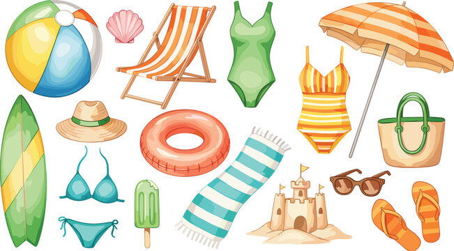 Summer Beach Vacation Illustration Set with Surfboard, Swimwear, Beach Accessories, and Fun Pool Toys for Holiday Designs