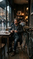 Obraz premium Man sipping coffee while seated at wooden table inside cozy brick-walled café during rainy day