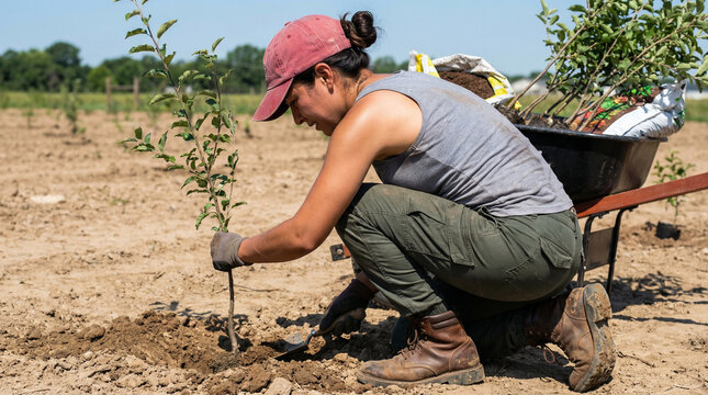 Female landscape workers planting trees, outdoor gardening and reforestation, environmental conservation
