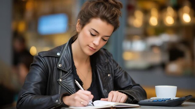 23Woman organizing monthly spending tracker in leather journal at caf&eacute; table, coffee and calculator present, intentional budgeting and financial awareness practice, perfect for consc