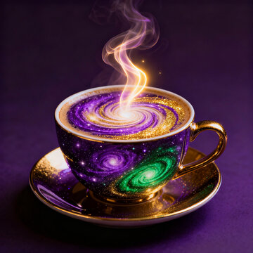Galaxy Art Cosmic Coffee Cup with Purple and Gold Glowing Steam