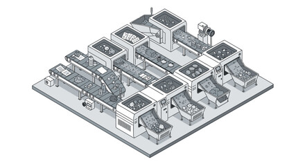 Fototapeta premium Isometric Illustration of an Automated Industrial Factory Line with Conveyor Belts and Sorting Machines for Manufacturing and Logistics