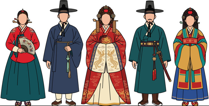 Collection of traditional Korean hanbok clothing featuring royal court dress and historical noble attire