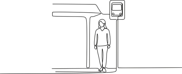Woman waiting at bus stop with information screen, single line drawing © Palyerff
