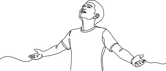Man with arms outstretched, looking up in joy and freedom - minimalist line drawing © Palyerff