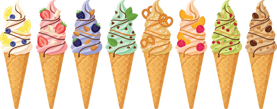 Variety of Soft Serve Ice Cream Cones with Fruits Nuts Chocolate Drizzle and Toppings Colorful Dessert Flat Vector Illustration Set