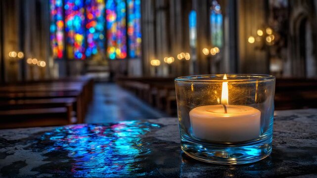 38Gothic cathedral stained glass window casting rainbow light patterns onto stone floor, empty pews in shadows, single lit votive candle in foreground, peaceful solitude atmosphere i
