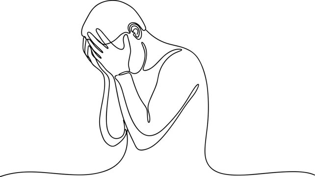 Man hiding face in hands, single line drawing, feeling despair, sadness, stress, mental health