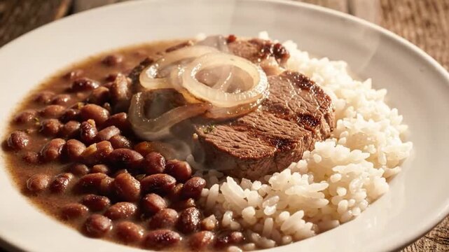 Traditional brazilian meal known as Prato Feito Rice Beans and Meat with Steam Loop 4k in looping video