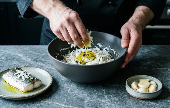 Baccala Mantecato preparation with chef's hands pressing button on countertop. Concept of whipped cod with olive oil garlic in kitchen setting, focusing on culinary process.