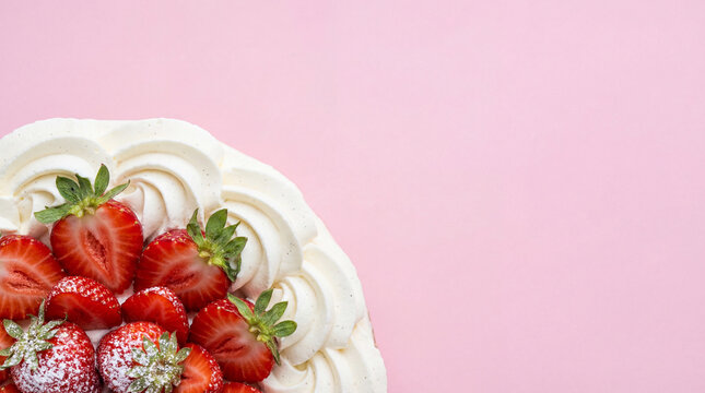 Fresh strawberry cake with whipped cream isolated on a pink background