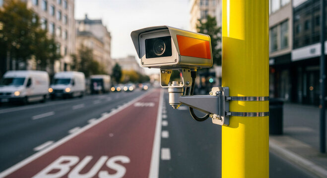 Bus lane surveillance camera on yellow post in urban setting  