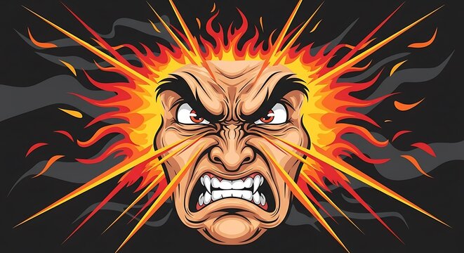 Angry face with fiery explosion background.