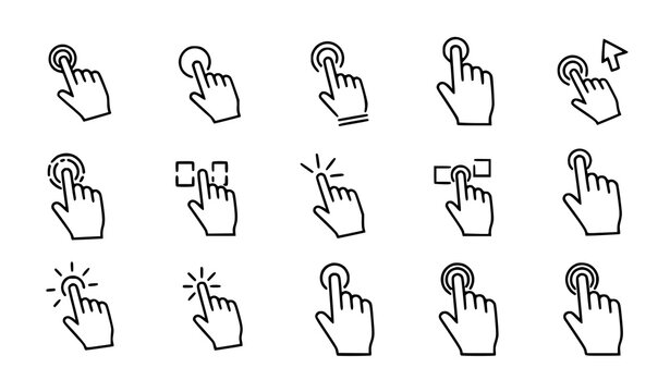 Hand cursor gesture icons geometric outline click drag zoom vector illustration isolated