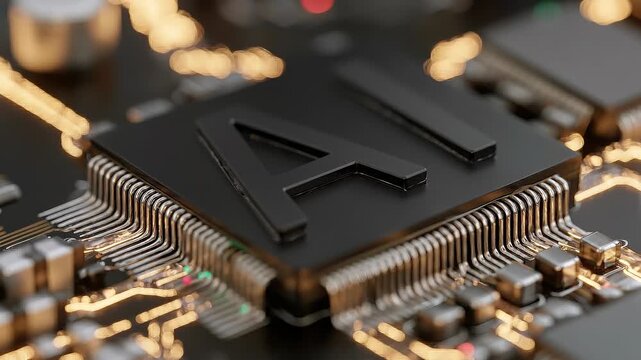 Seamless loop AI chip core animation, glowing data energy, futuristic computing infrastructure.