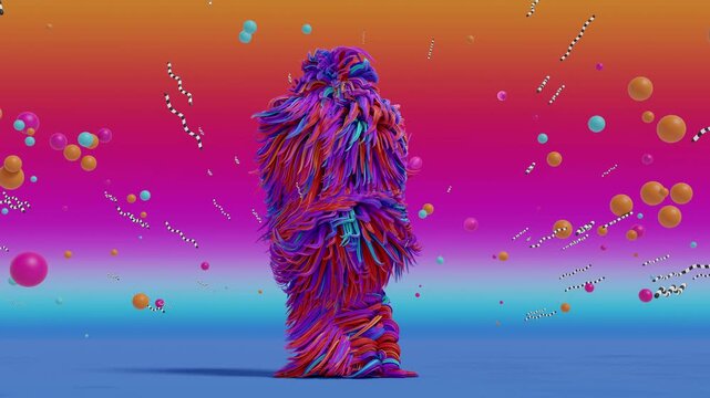Dynamic seamless VJ loop featuring a shaggy, fibrous humanoid performing energetic dance moves against a vibrant, luminous gradient background. For VJ sets, high-tech club visuals, music fest
