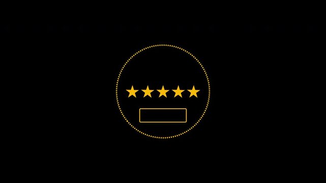 Clean modern motion graphic featuring a yellow dotted circular badge with animated five star rating and rectangular label area on a black background.
