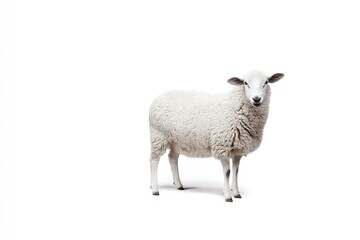 Fototapeta premium Sheep Stands on a White Background Looking Directly at the Viewer in a Simple Setting