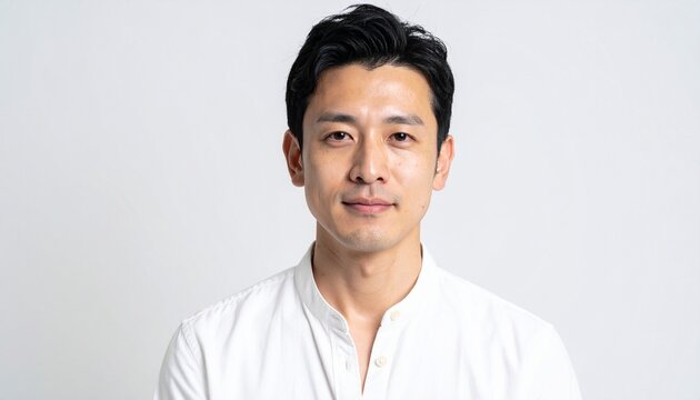 満足げな表情の日本人男性（30代・白背景・ポートレート）, Content Japanese man in his 30s on white background portrait
