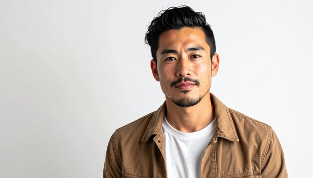 満足げな表情の日本人男性（30代・白背景・ポートレート）, Content Japanese man in his 30s on white background portrait