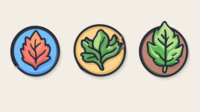 Three leaf icons in colored circles with black outlines, each with a different color